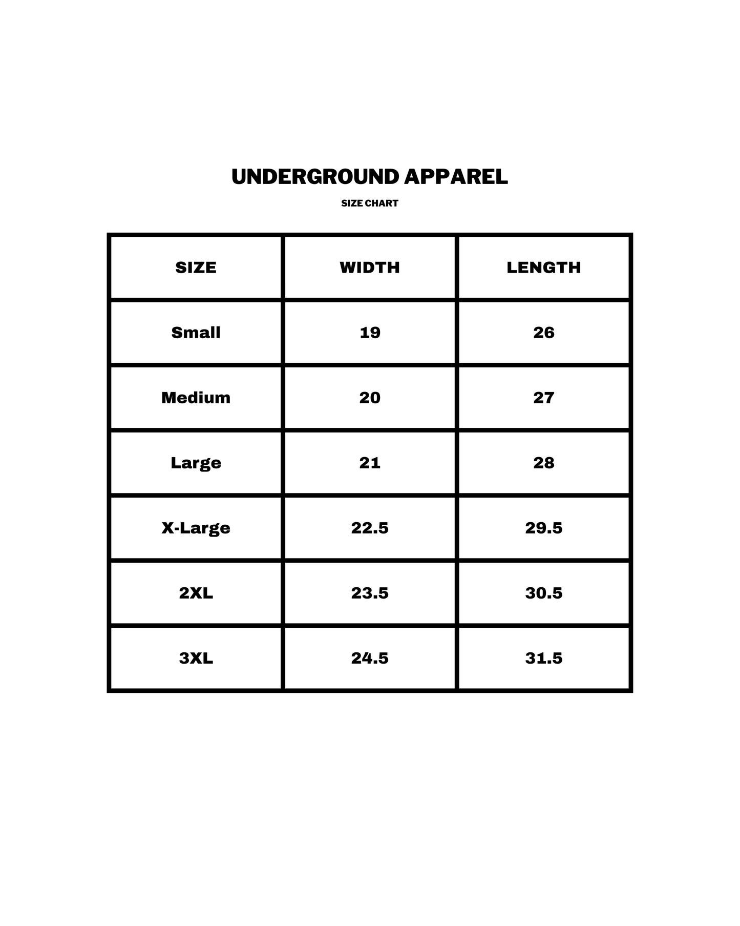 UA official size chart