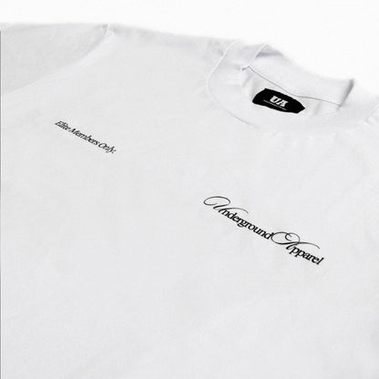 UA Cursive FCO White tee close-up 1