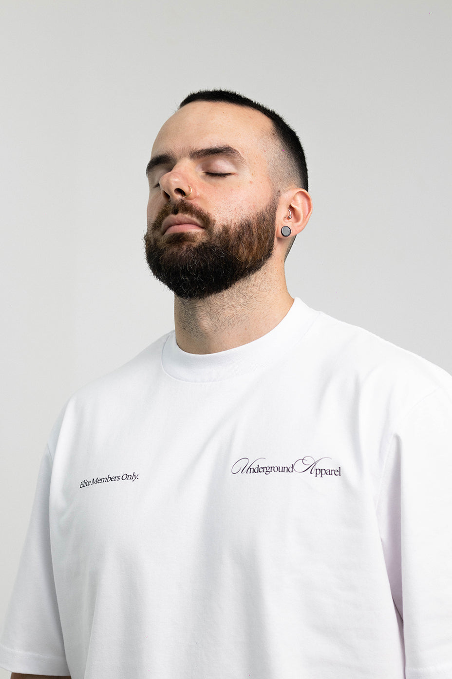 UA Cursive FCO White tee on model alternate