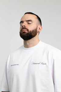 UA Cursive FCO White tee on model alternate
