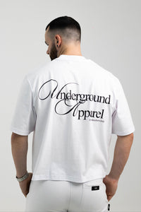 UA Cursive FCO White tee worn by model