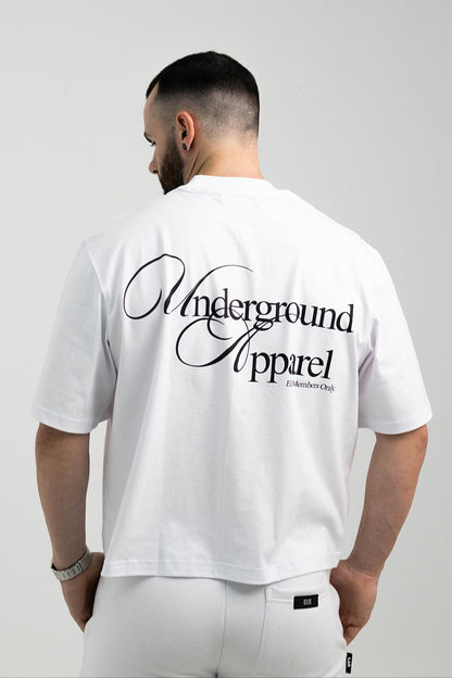 UA Cursive FCO White tee worn by model