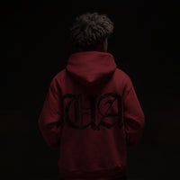 Model in UA Wine Red hoodie